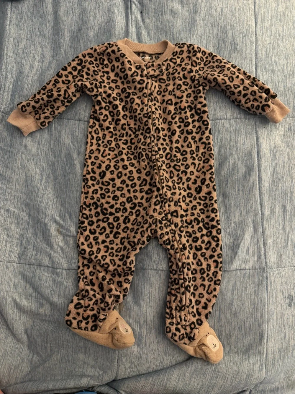 Cozy Leopard Print Footed One-Piece - Tan